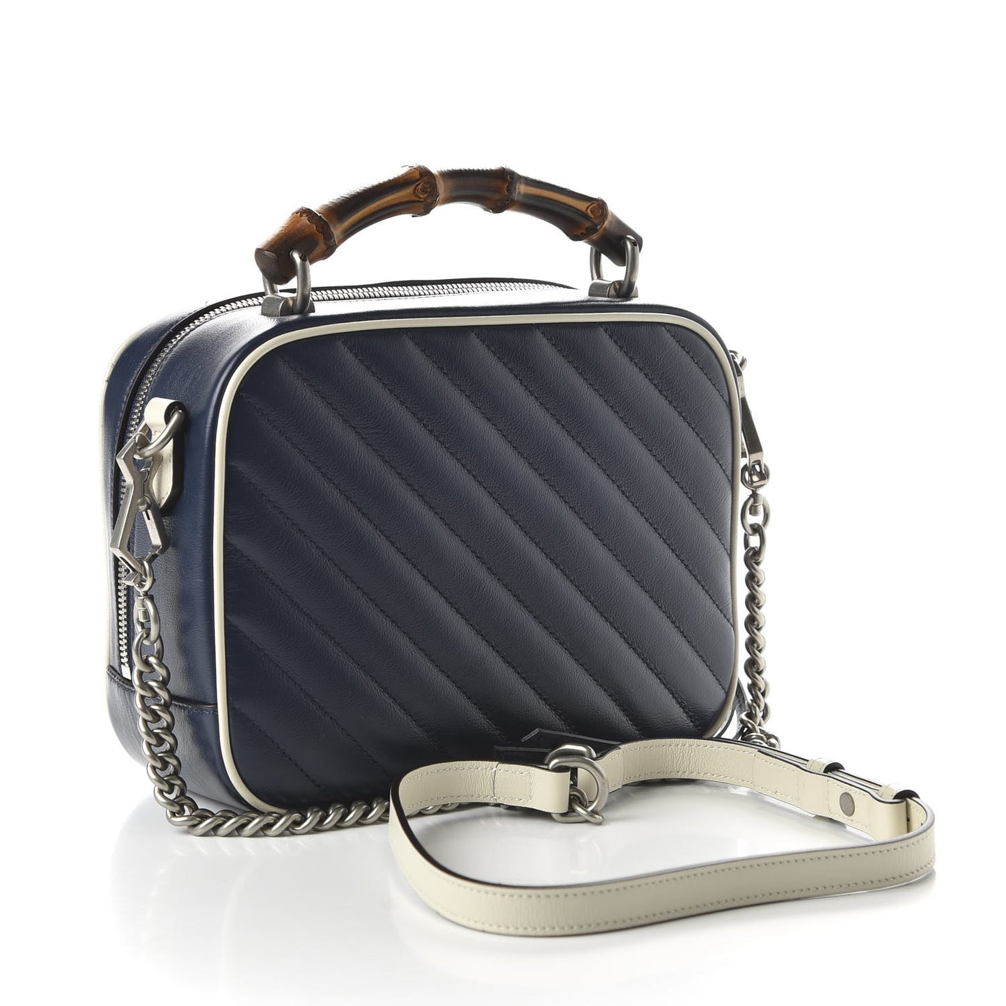 Vintage Effect Calfskin Matelasse Diagonal Small Torchon GG Marmont Bamboo Top Handle Shoulder Bag Blue Agata Mystic White