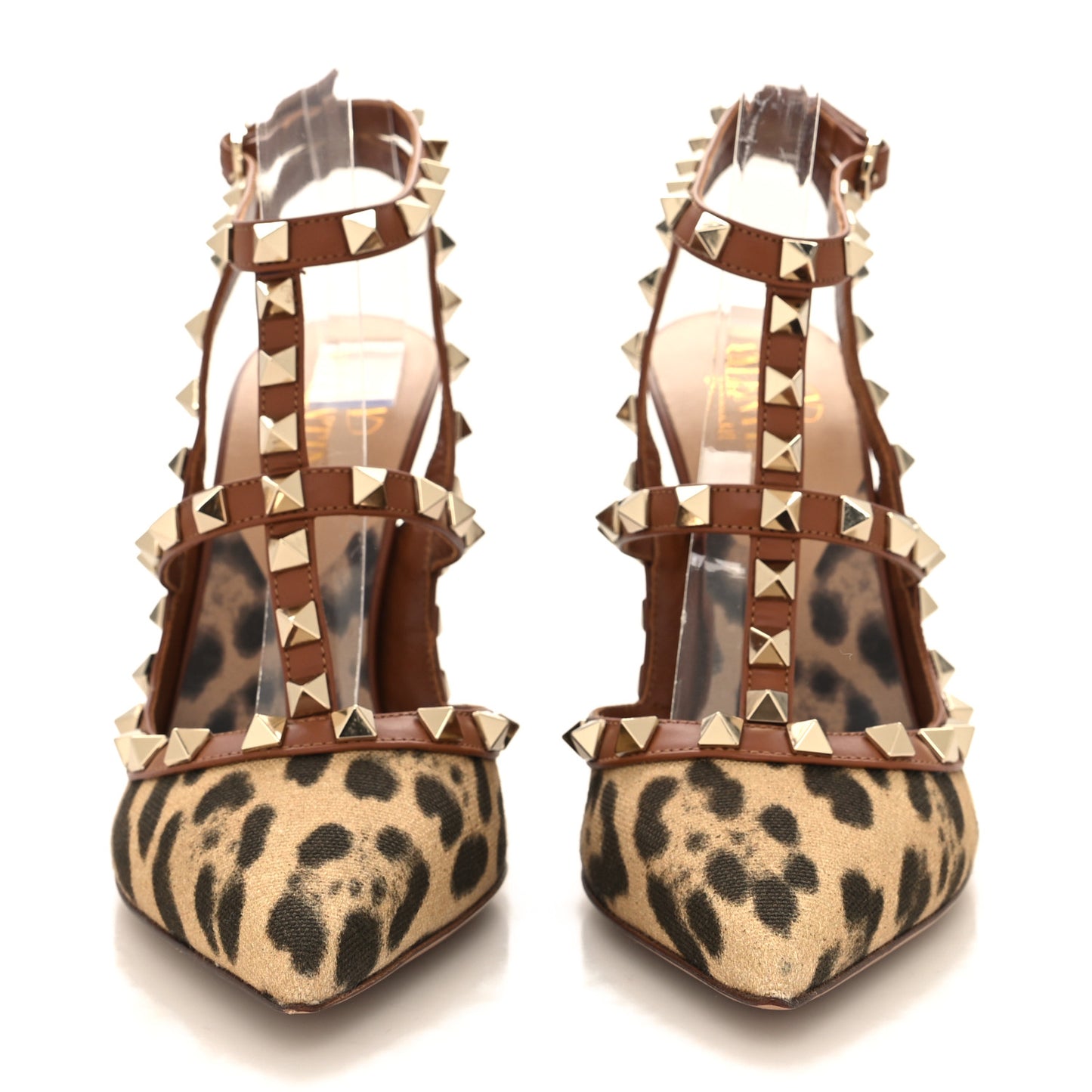 Canvas Leopard Print Rockstud Ankle Strap 100mm Pumps 36.5 Brown