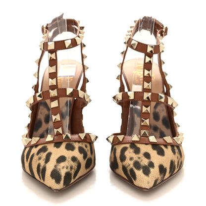 Valentino Garavani Canvas Leopard Print Rockstud Ankle Strap 100mm Pumps 36.5 Brown 2 of 7