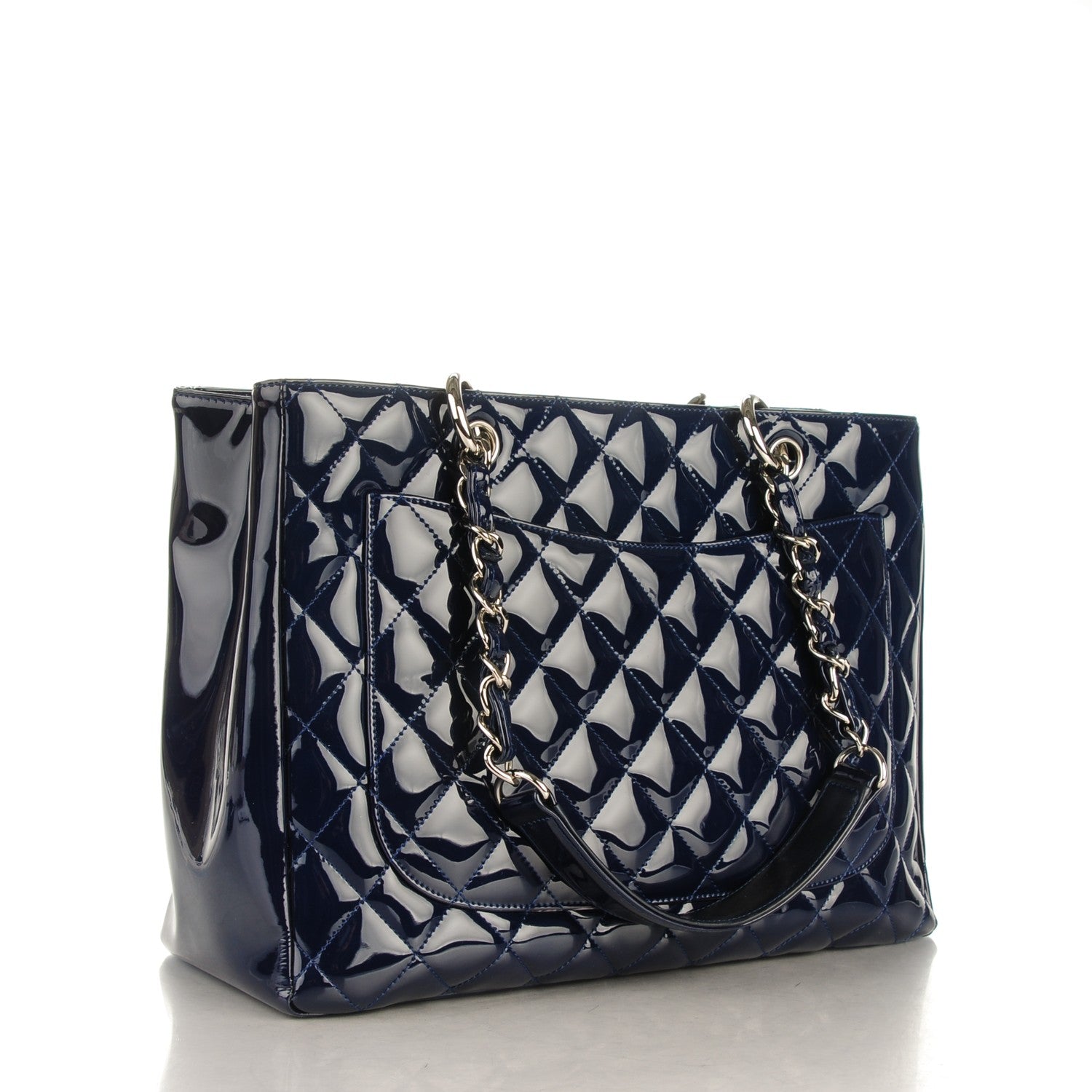Chanel Patent Quilted Grand Shopping Tote GST Navy Blue 3 of 8
