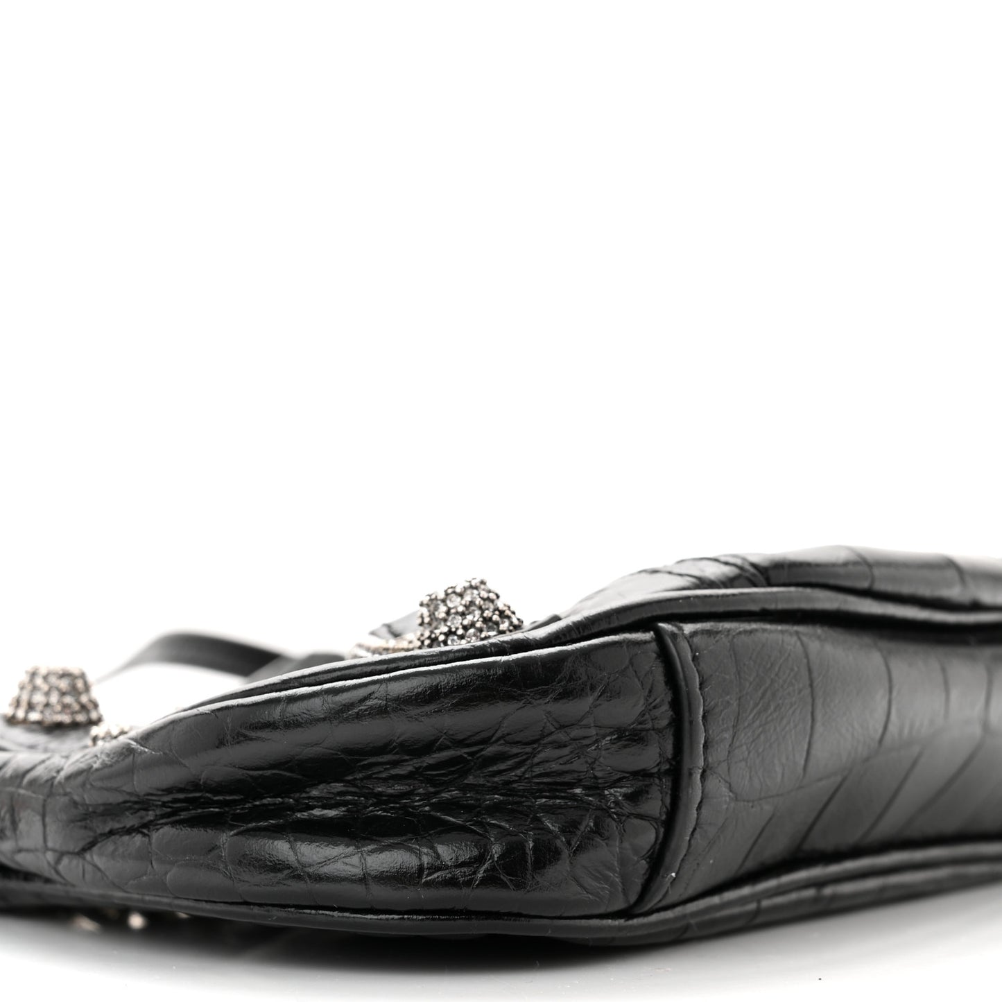 Extra Supple Calfskin Crystal Crocodile Embossed Le Cagole Mini Purse With Chain Black