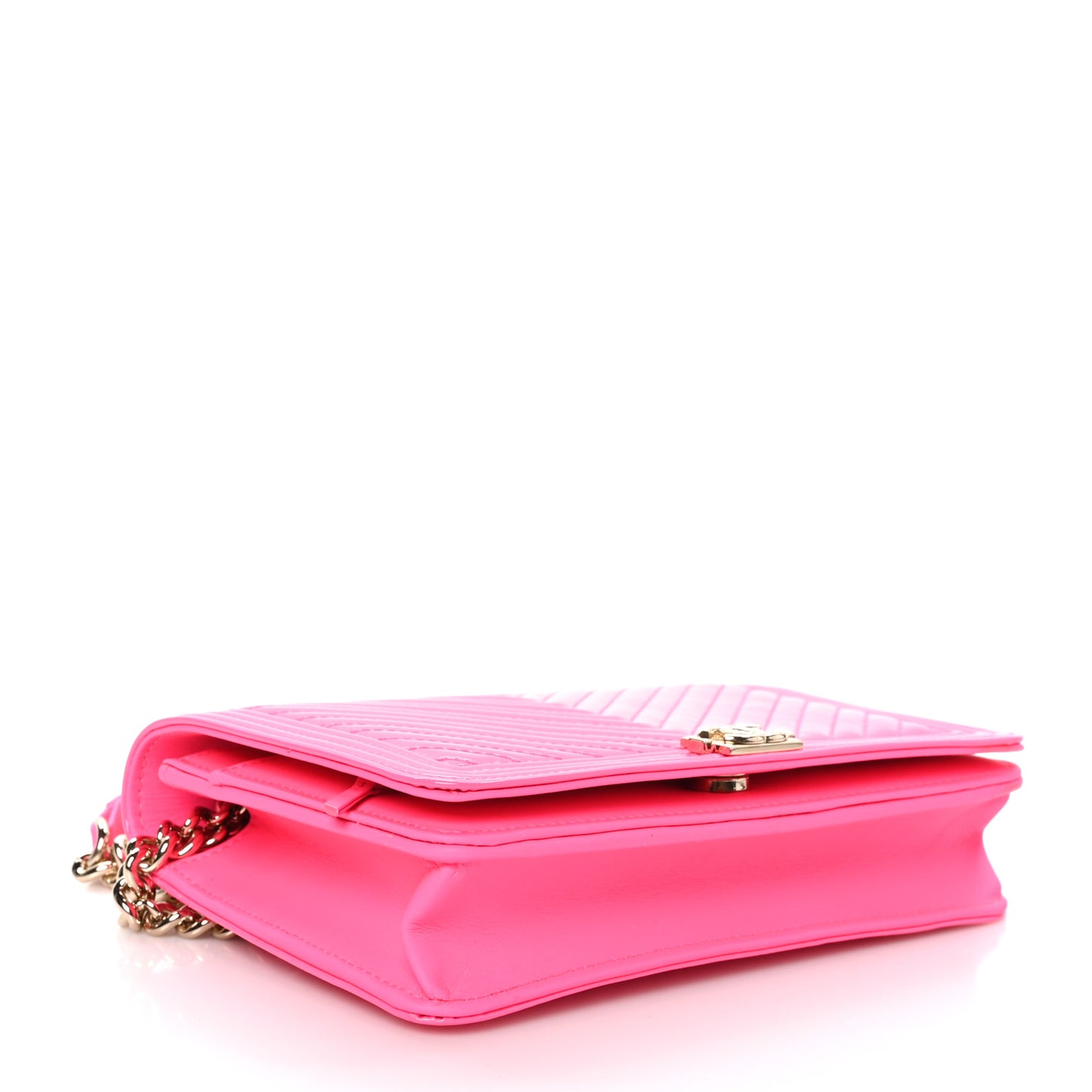 Patent Chevron Quilted Boy Wallet On Chain WOC Rose Pink