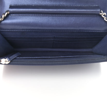 Chanel Metallic Sheepskin Chevron Quilted Vintage Mademoiselle Wallet On Chain WOC Navy 5 of 15