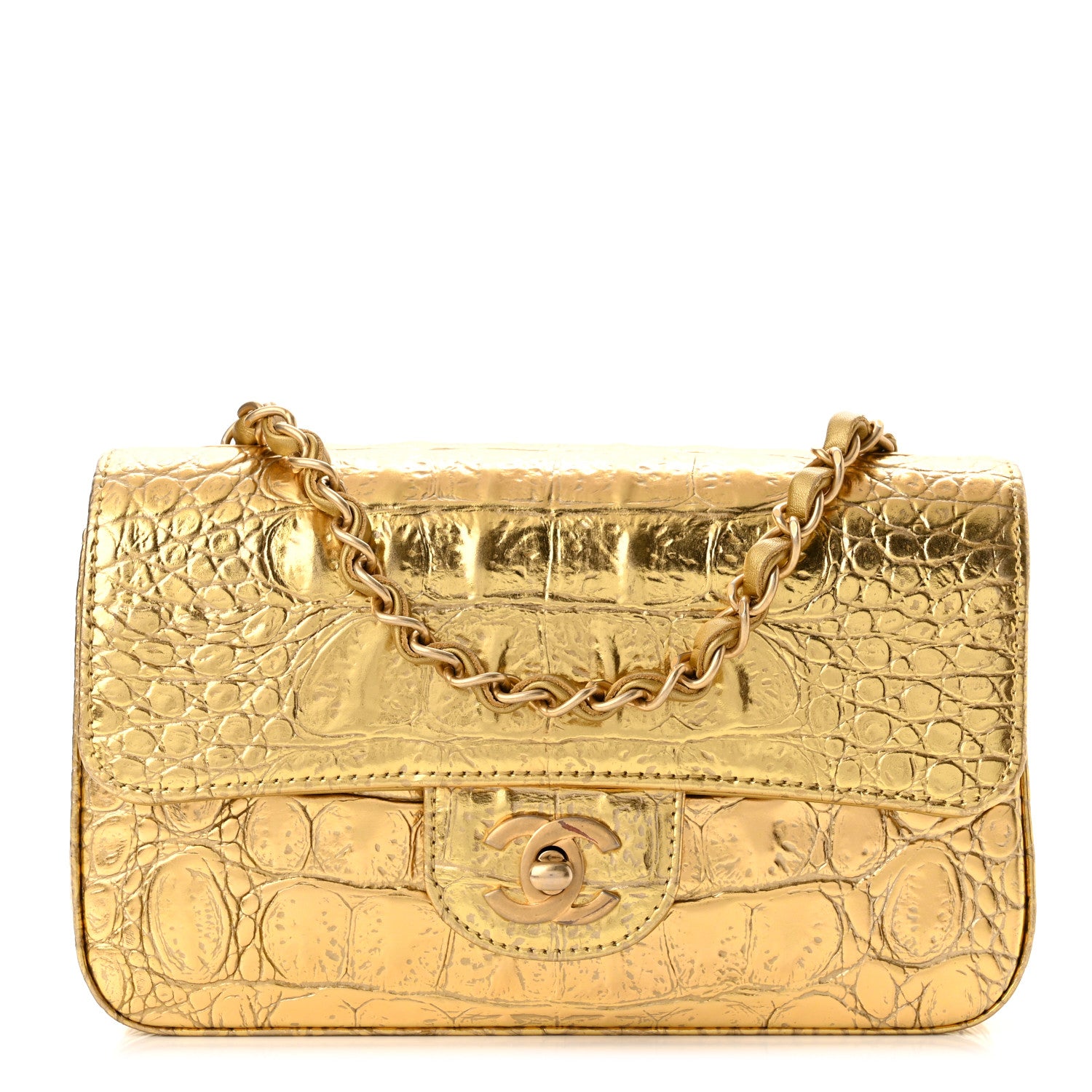 Chanel Metallic Calfskin Crocodile Embossed Cocodile Rectangular Mini Flap Gold 1 of 10