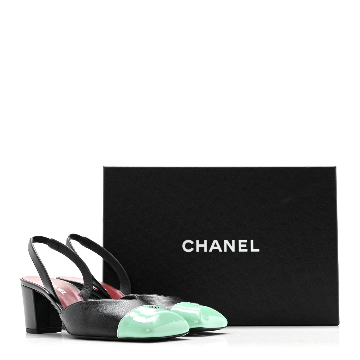 Chanel Lambskin Patent Calfskin Cap Toe CC Slingback Pumps 37