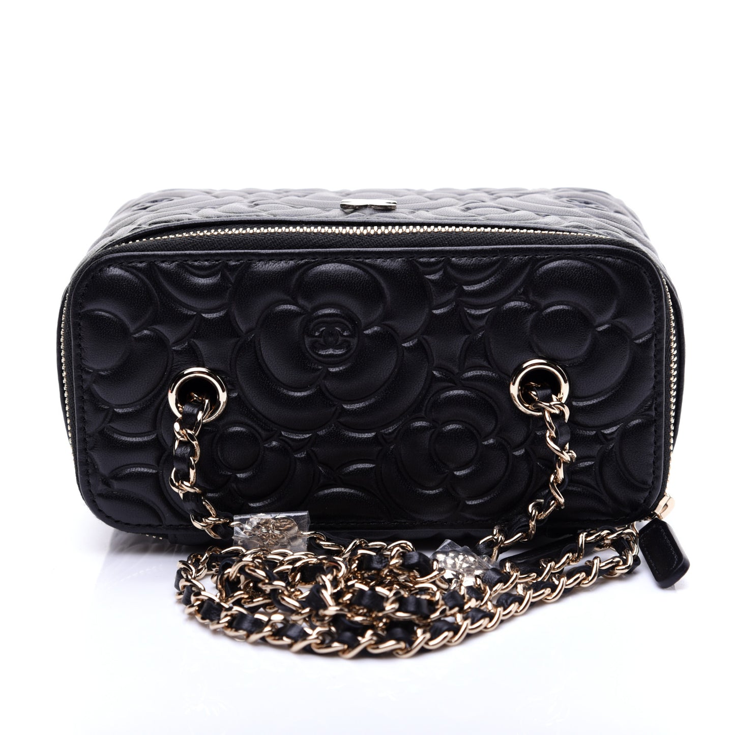 Lambskin Camellia Embossed Small Vanity Case With Chain Black