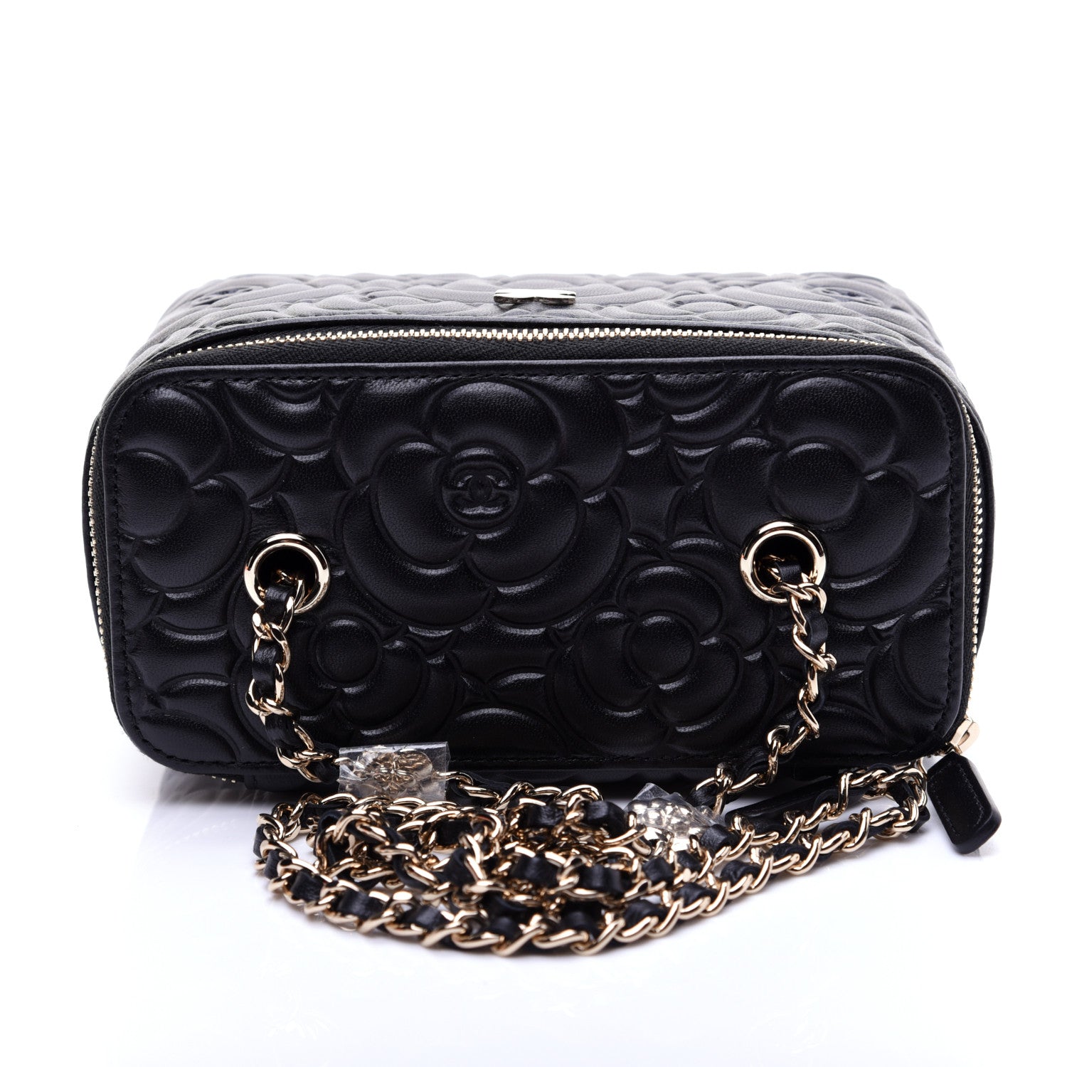 Chanel Lambskin Camellia Embossed Small Vanity Case With Chain Black 12 of 14