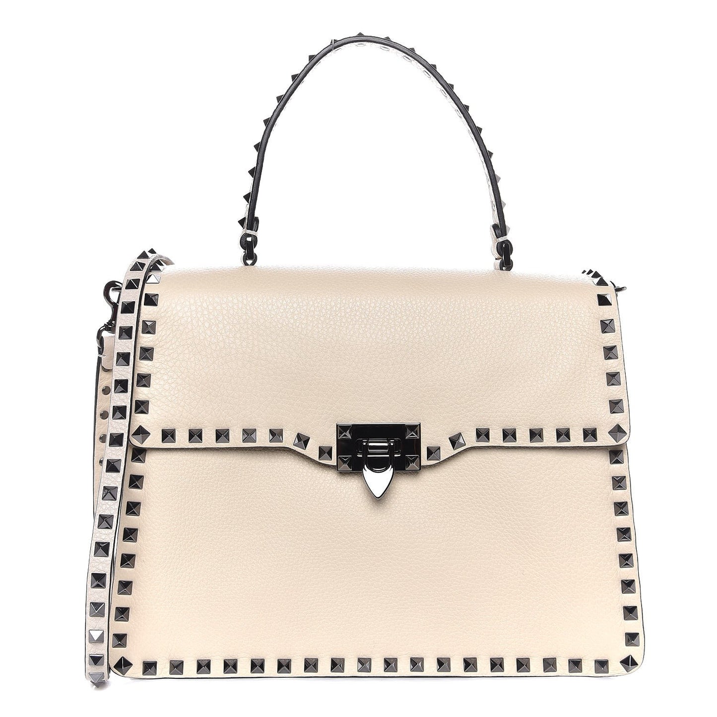 Grained Calfskin Rockstud Top Handle Flap Shoulder Bag Light Ivory