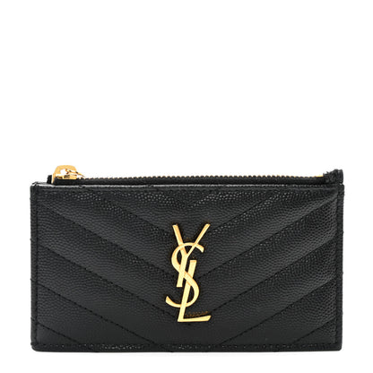 Saint Laurent Grain De Poudre Matelasse Chevron Monogram Fragments Zippered Card Case Black 1 of 7