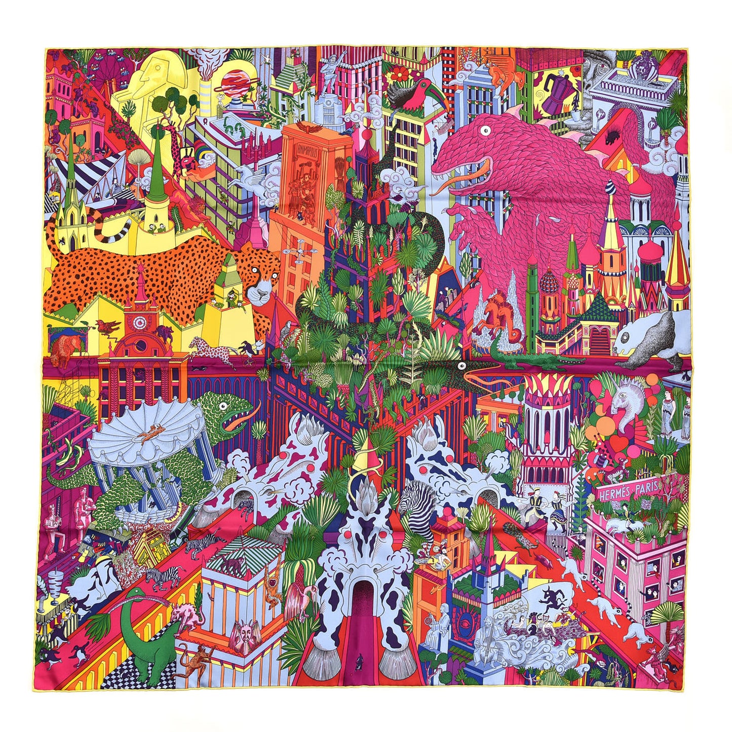 Silk Animapolis Scarf 90 Fuchsia Vert Jaune Vif