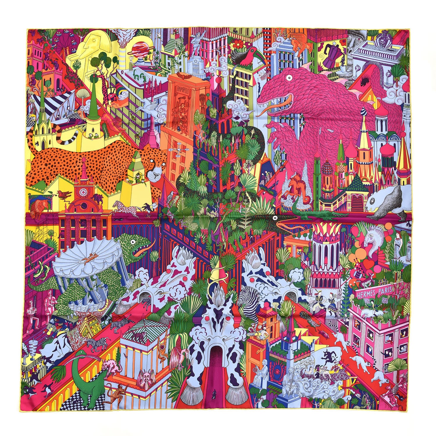 Hermes Silk Animapolis Scarf 90 Fuchsia Vert Jaune Vif 1 of 6