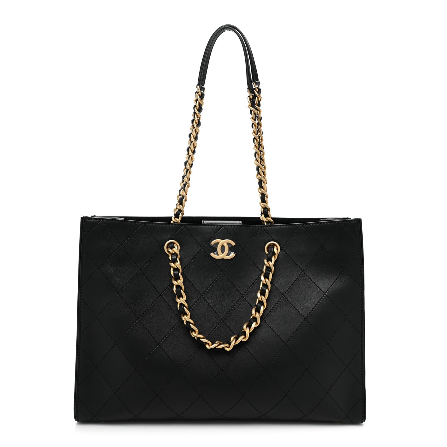 Calfskin Stitched Large Shopping Tote Black