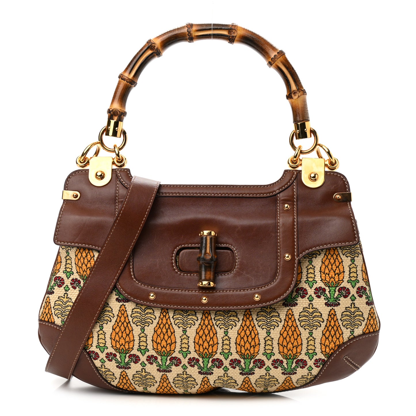Canvas Pigna Print Peggy Bamboo Top Handle Bag Brown