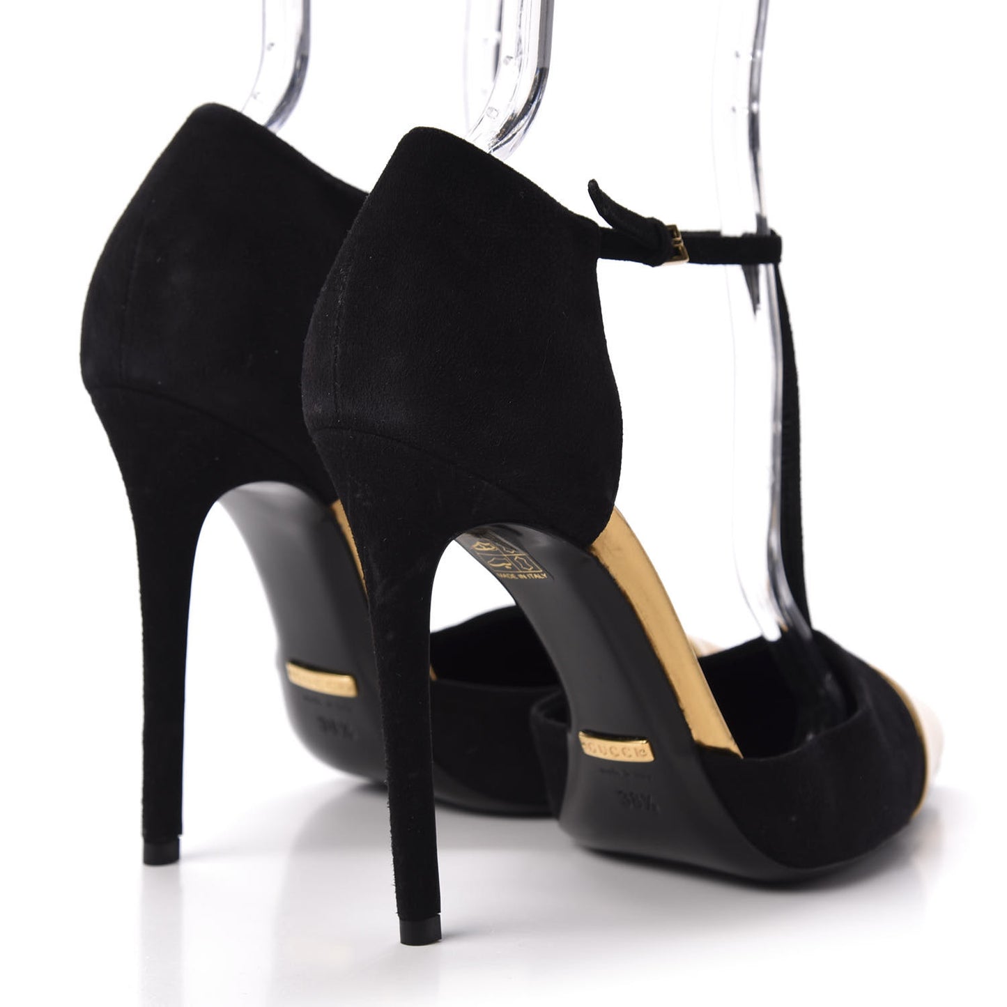Suede Metallic Cap Toe T-Strap Coline Pumps 38.5 Black Gold