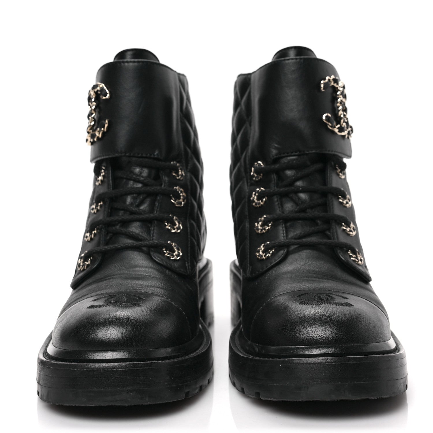 Chanel Shiny Calfskin Quilted Lace Up Combat Boots 38 Black 2 of 7