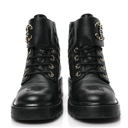 Chanel Shiny Calfskin Quilted Lace Up Combat Boots 38 Black 2 of 7