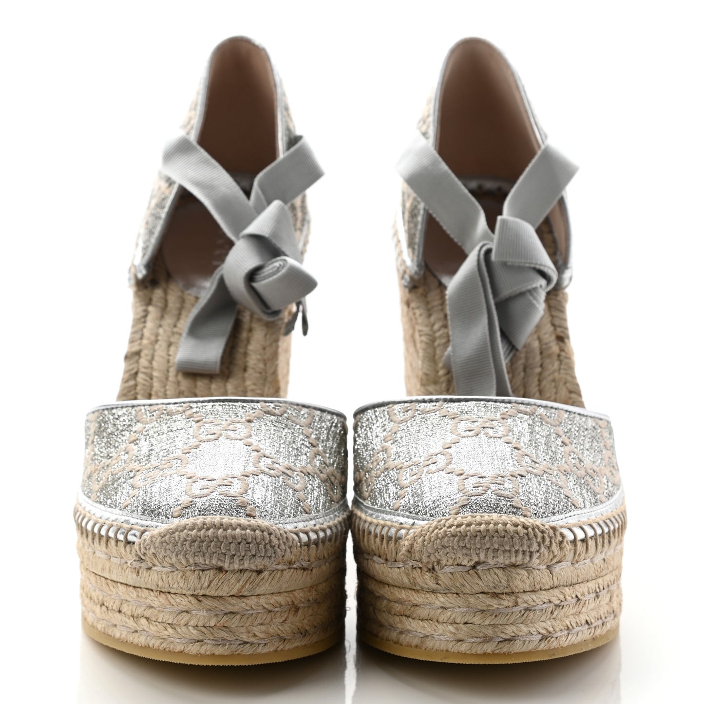 Lame GG Monogram Ankle Wrap Platform Espadrille Wedges 39.5 Silver Beige Light Grey