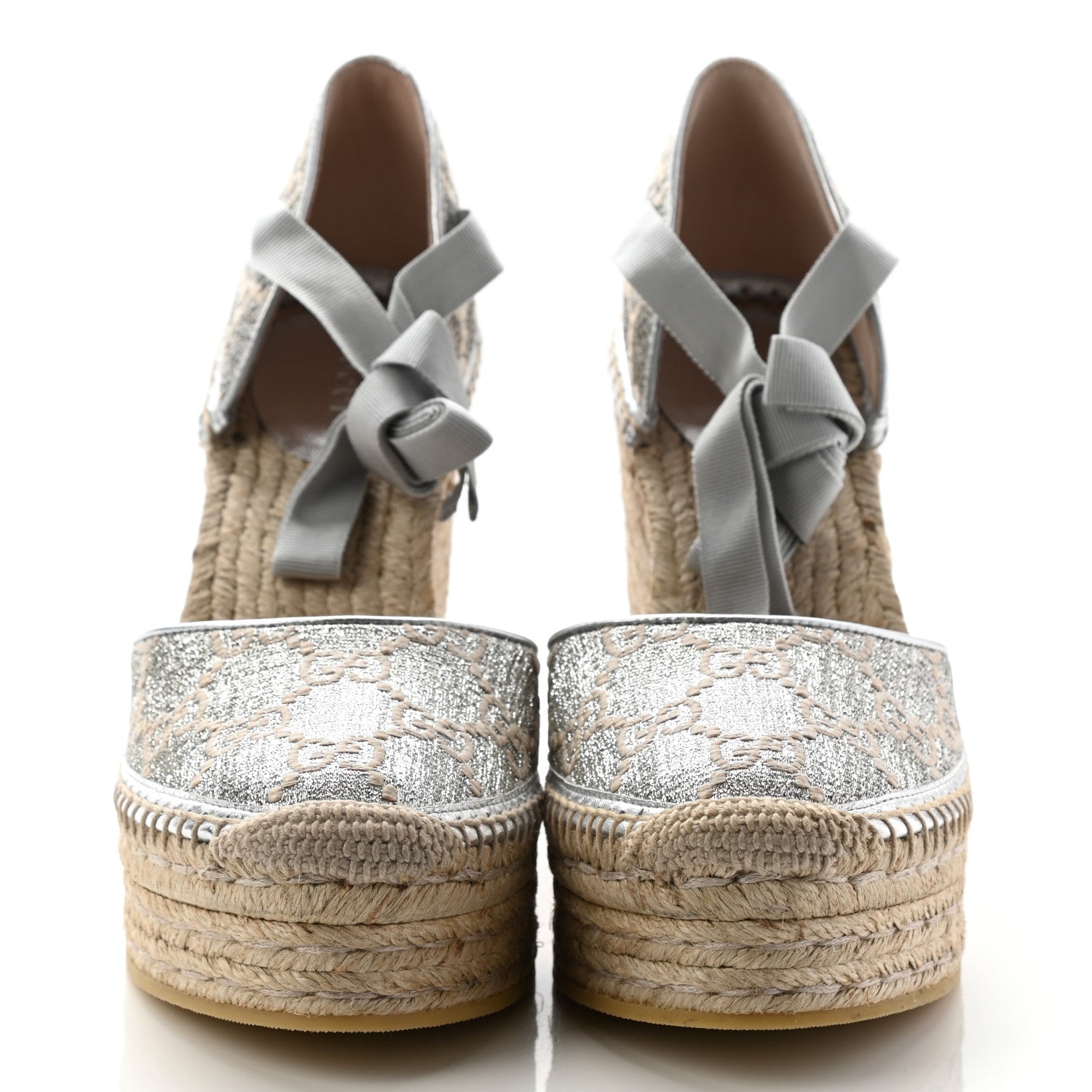 Gucci Lame GG Monogram Ankle Wrap Platform Espadrille Wedges 39.5 Silver Beige Light Grey 2 of 11