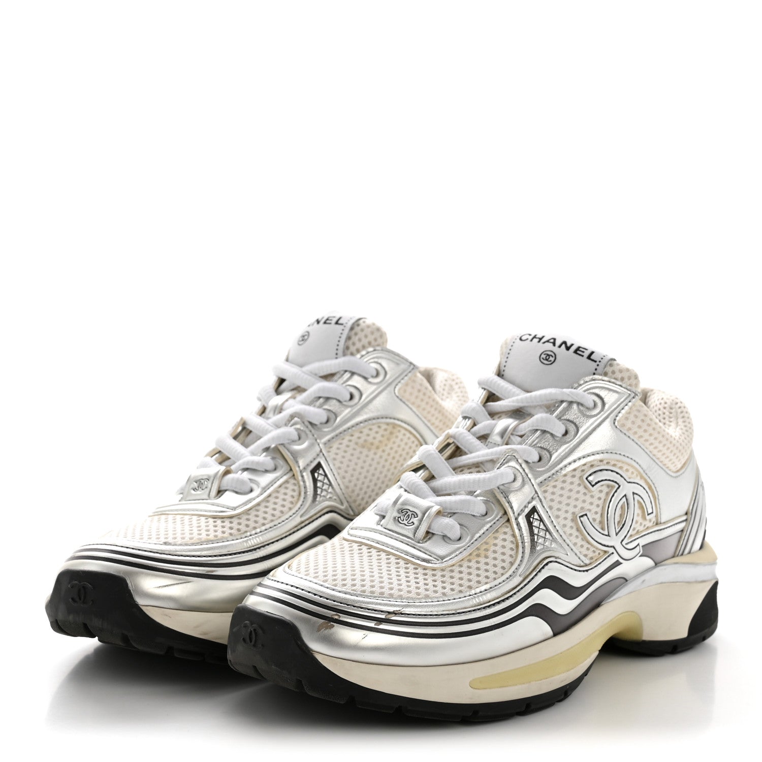 Chanel Fabric Laminated Calfskin Stretch CC Sneakers 36 White Silver 4 of 10