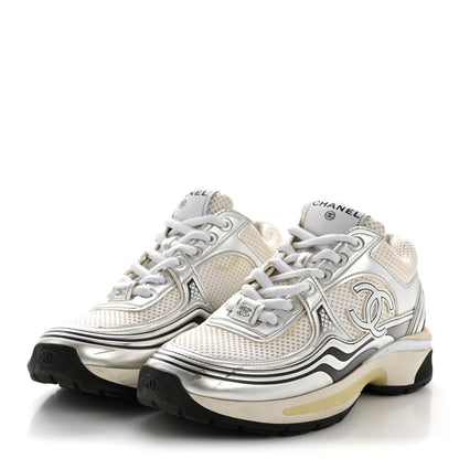 Chanel Fabric Laminated Calfskin Stretch CC Sneakers 36 White Silver 4 of 10