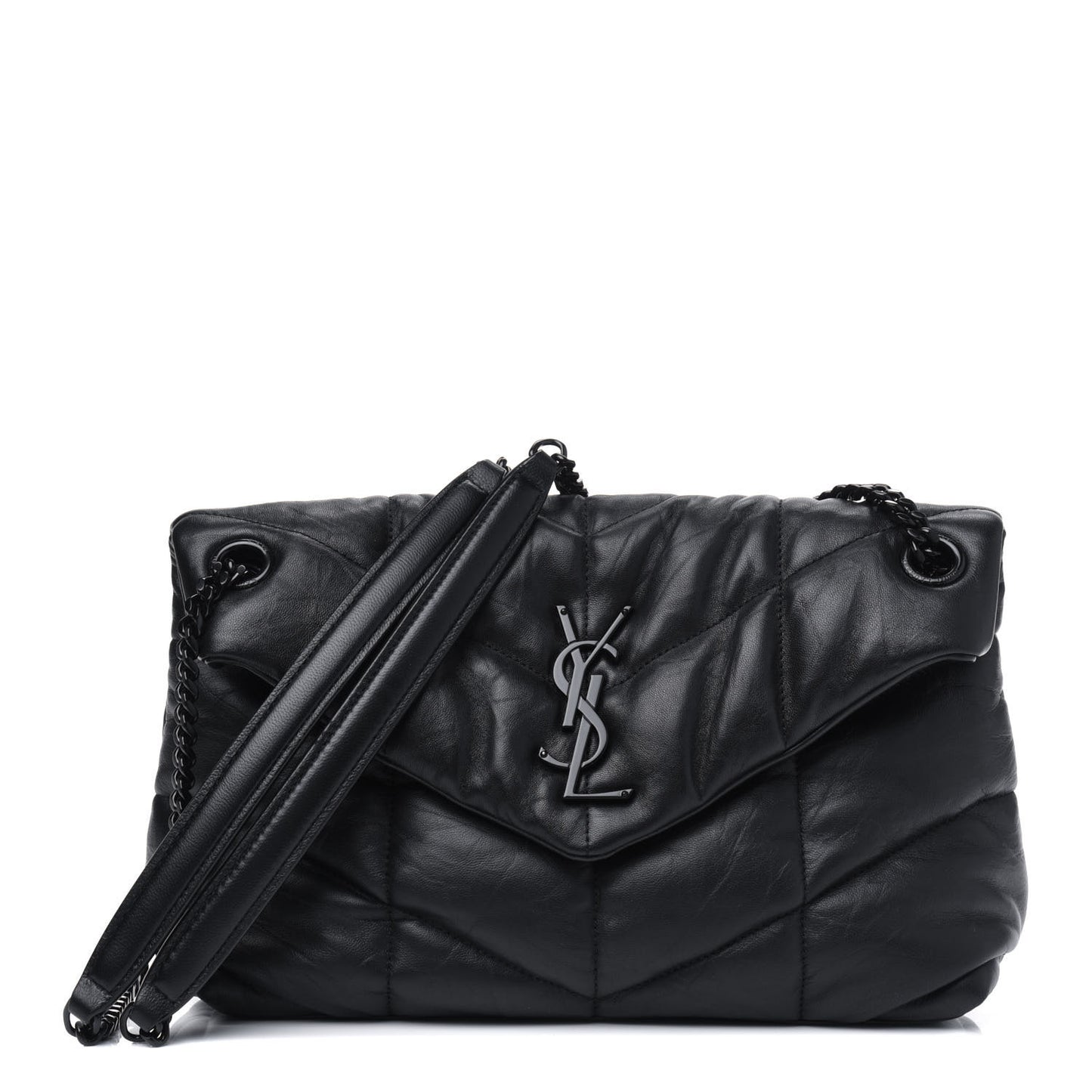 Lambskin Quilted Small Loulou Puffer Monogram Chain Satchel Black
