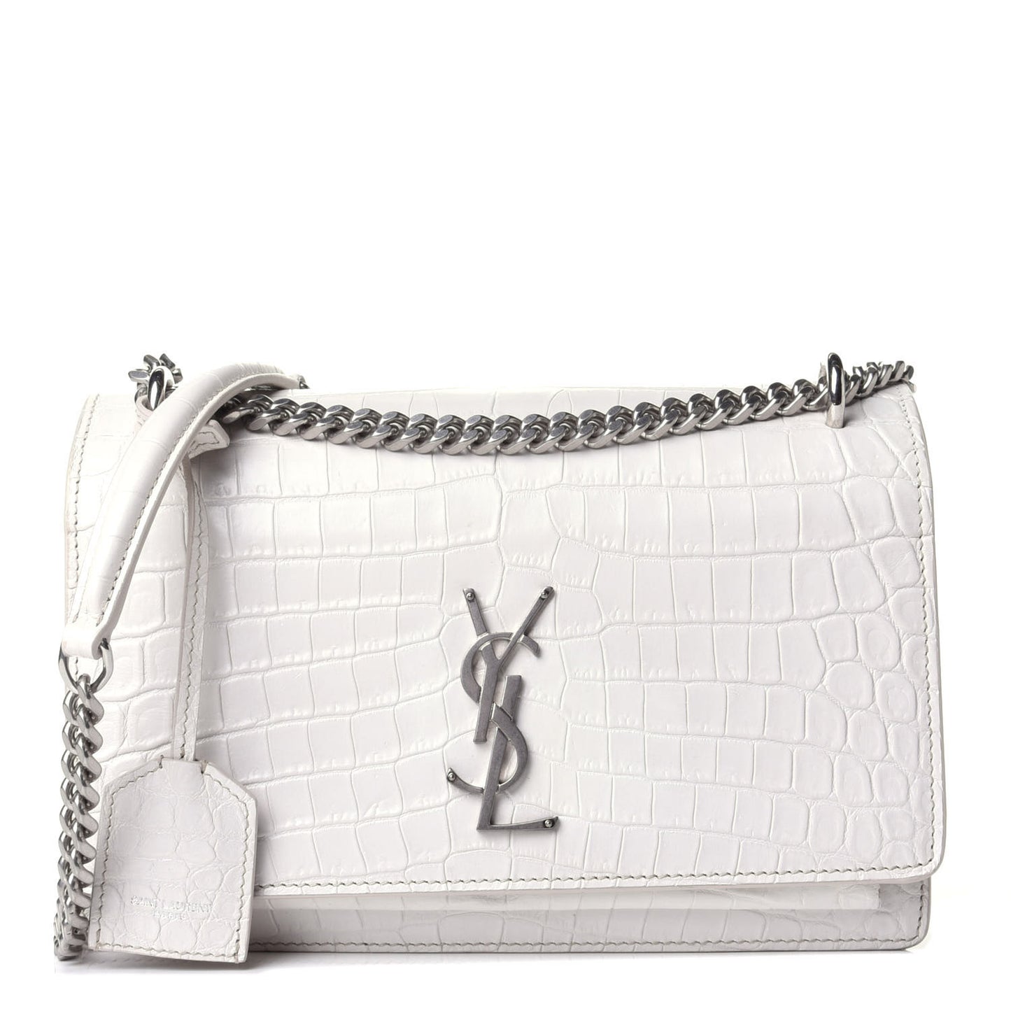 Calfskin Crocodile Embossed Monogram Sunset Chain Wallet Blanc Vintage
