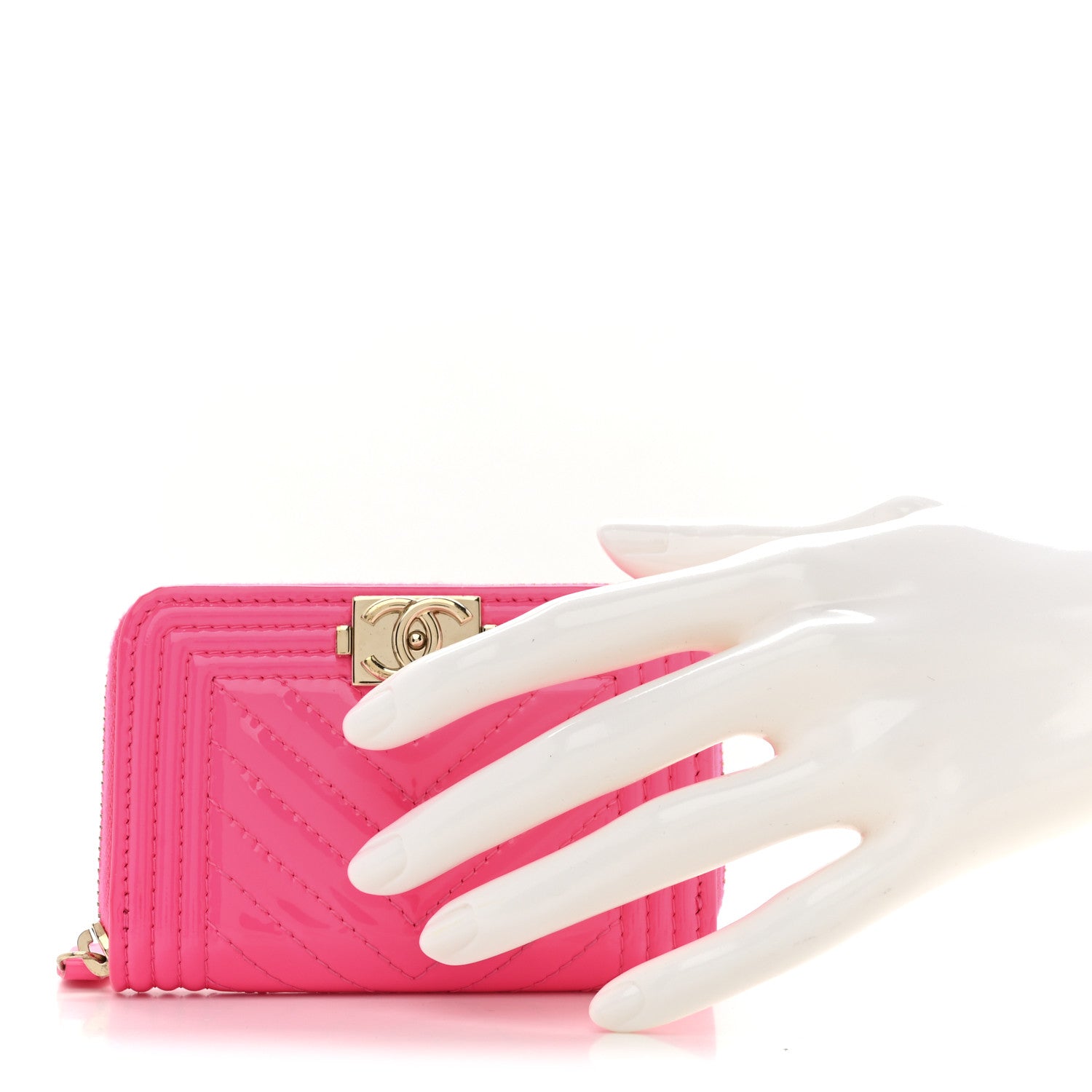 Chanel Patent Chevron Quilted Zip Around Boy Coin Purse Wallet Neon Pink 2 of 8