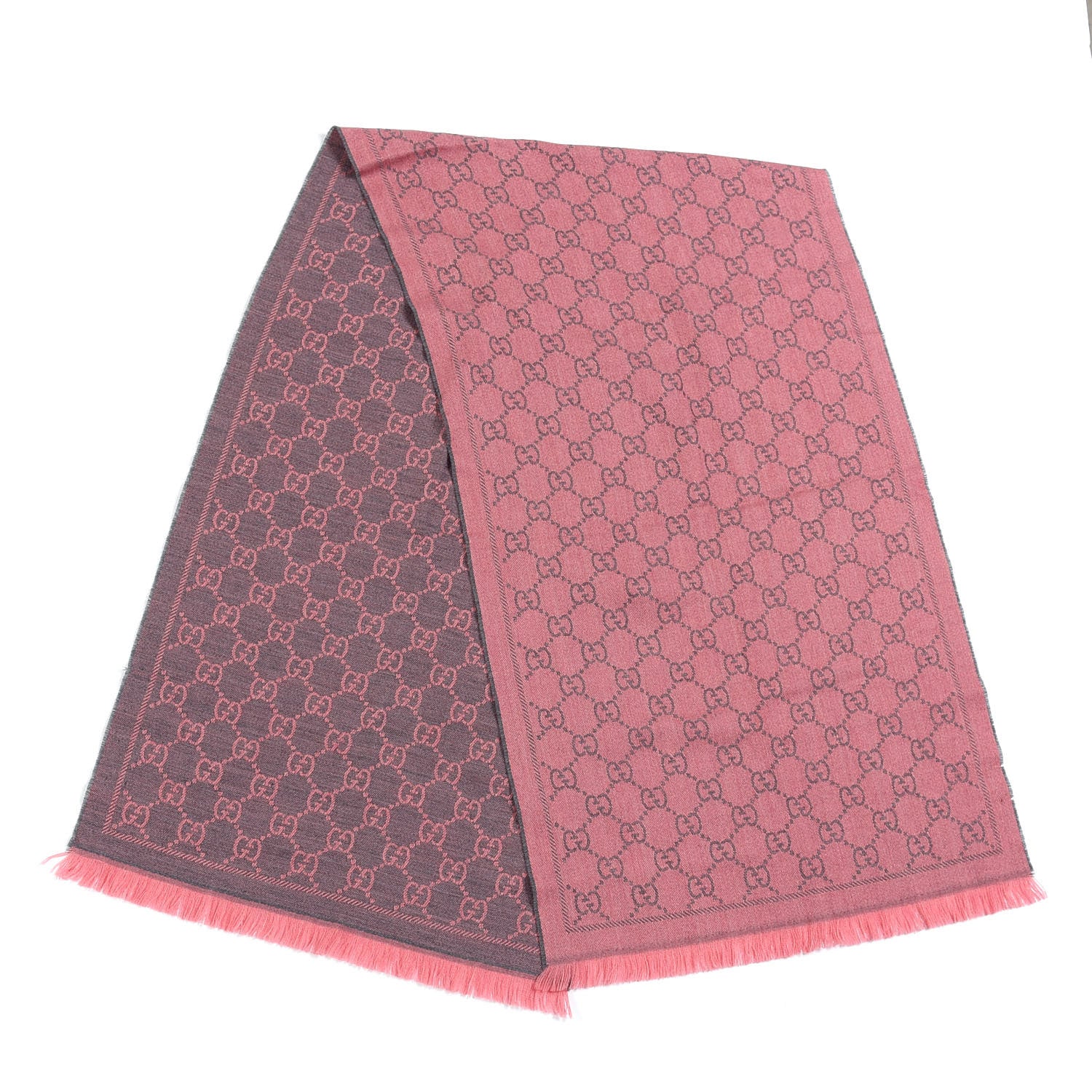 Gucci Wool Jacquard Monogram Reversible Stencil Fringe Scarf Pink 2 of 5