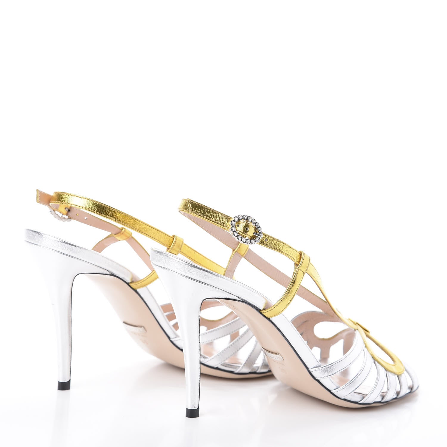 Gucci Metallic Nappa Crystal Zephyra Slingback High Heel Sandals 39 Silver Gold 4 of 7