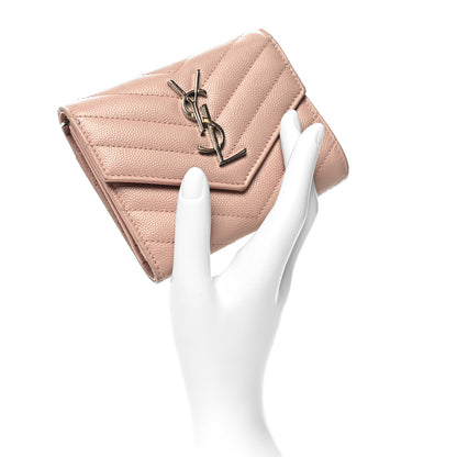 Saint Laurent Grain De Poudre Matelasse Chevron Monogram Compact Tri Fold Wallet Pale Pink 2 of 14