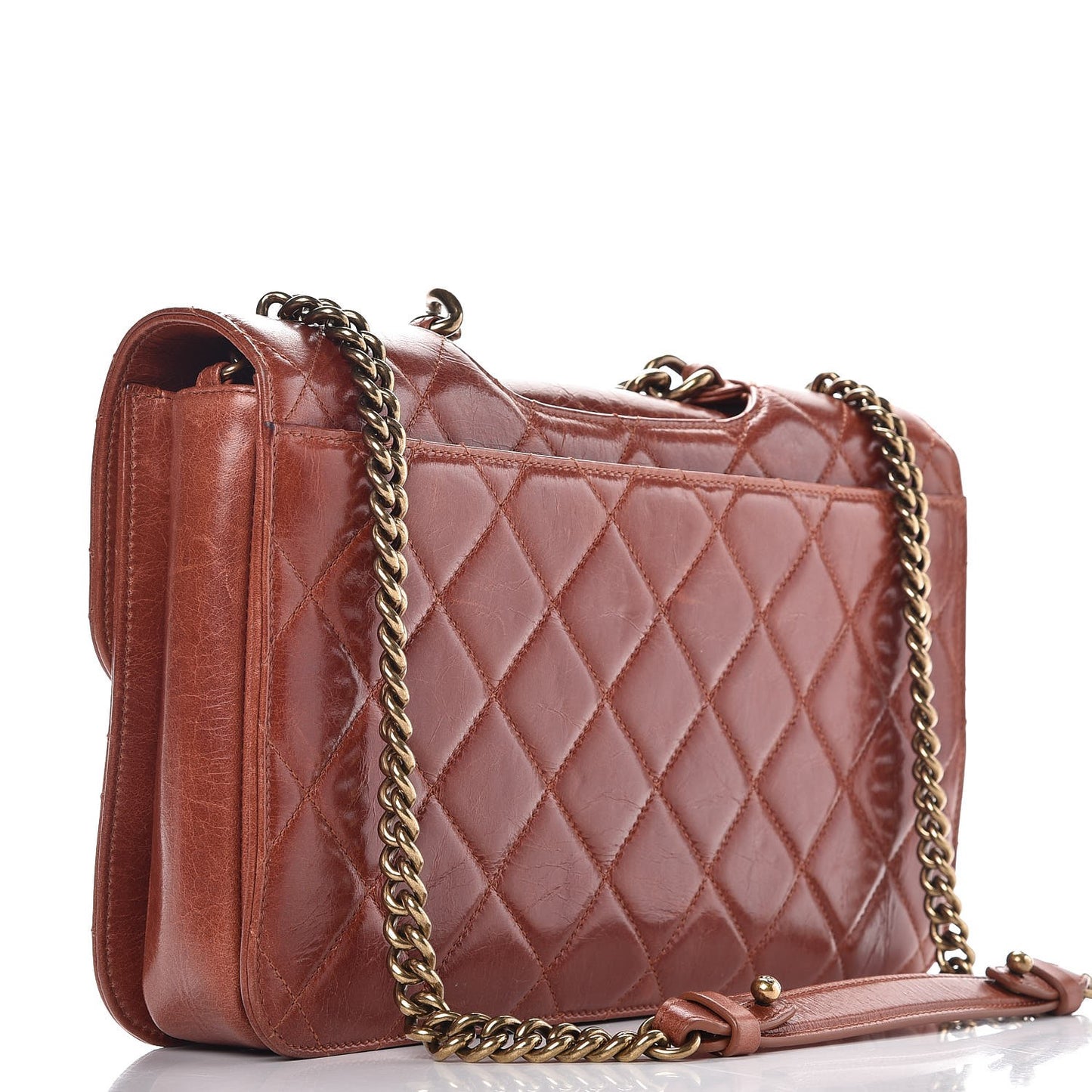 Glazed Calfskin Quilted Large Perfect Edge Flap Camel