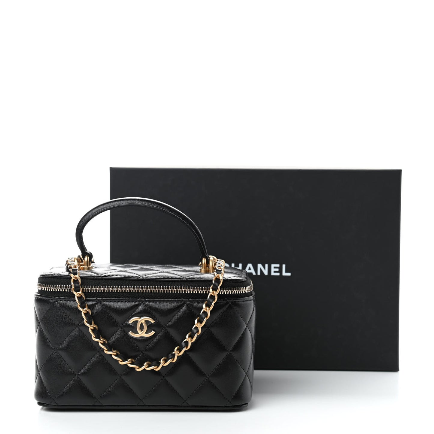 Lambskin Quilted Small Top Handle Vanity Case With Chain Black