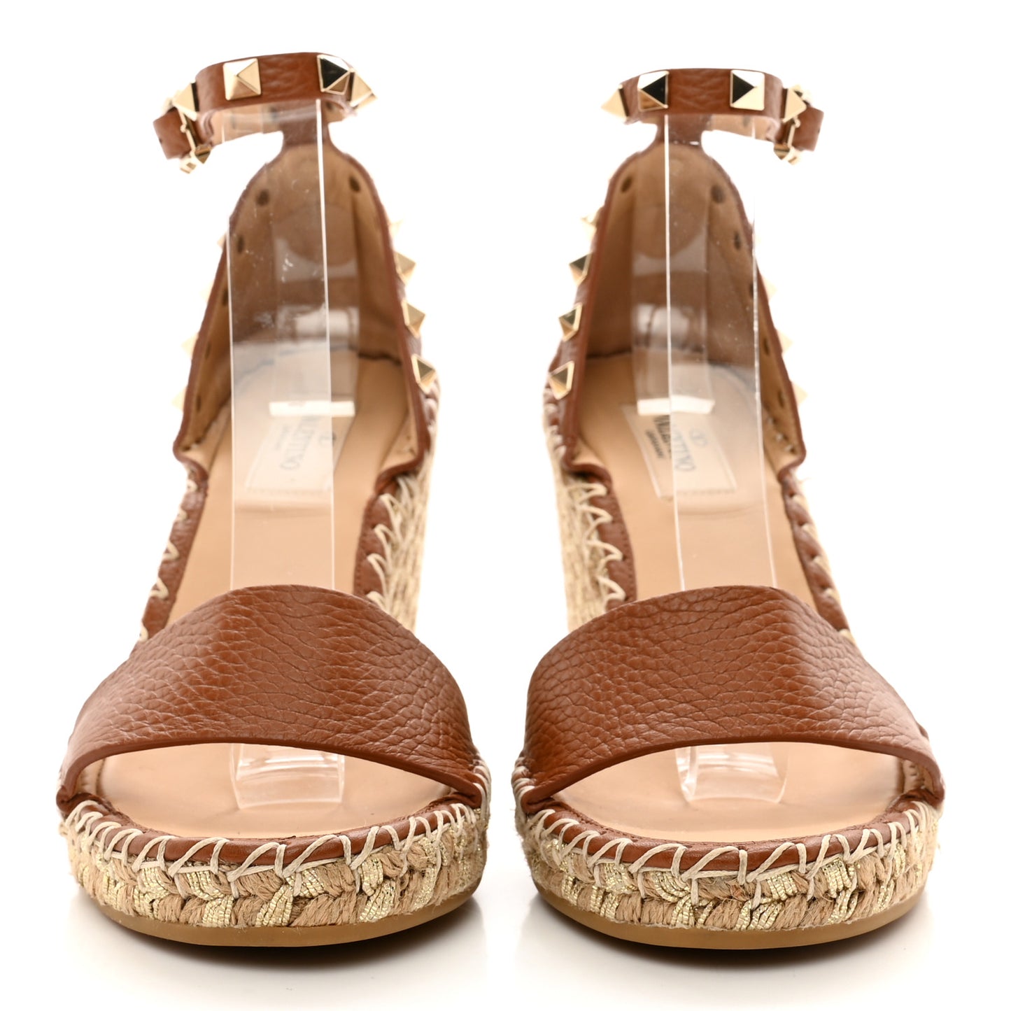 Grained Calfskin Rockstud Ankle Strap Espadrille 15/105mm Wedge Sandals 37 Cuoio Natural