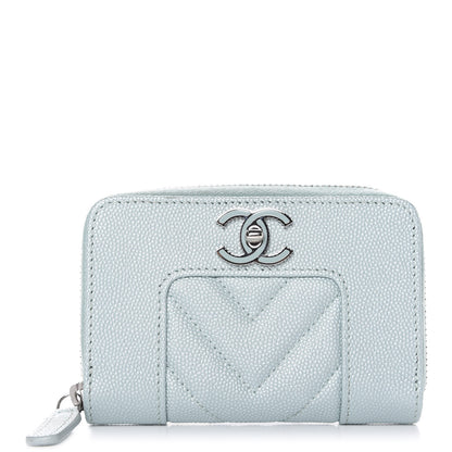 Chanel Metallic Caviar Chevron Quilted Vintage Mademoiselle Zip Coin Purse Light Blue 1 of 8