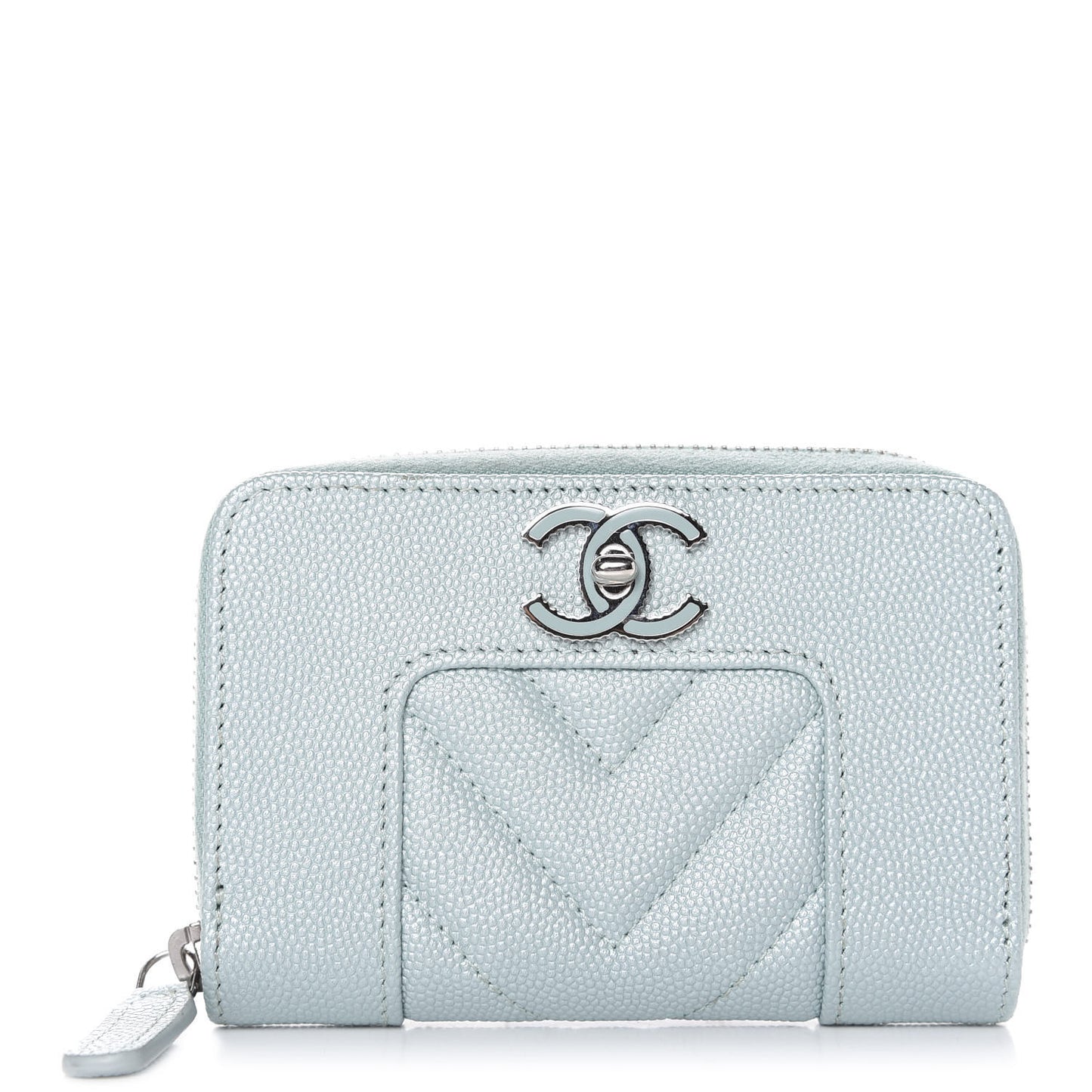 Metallic Caviar Chevron Quilted Vintage Mademoiselle Zip Coin Purse Light Blue