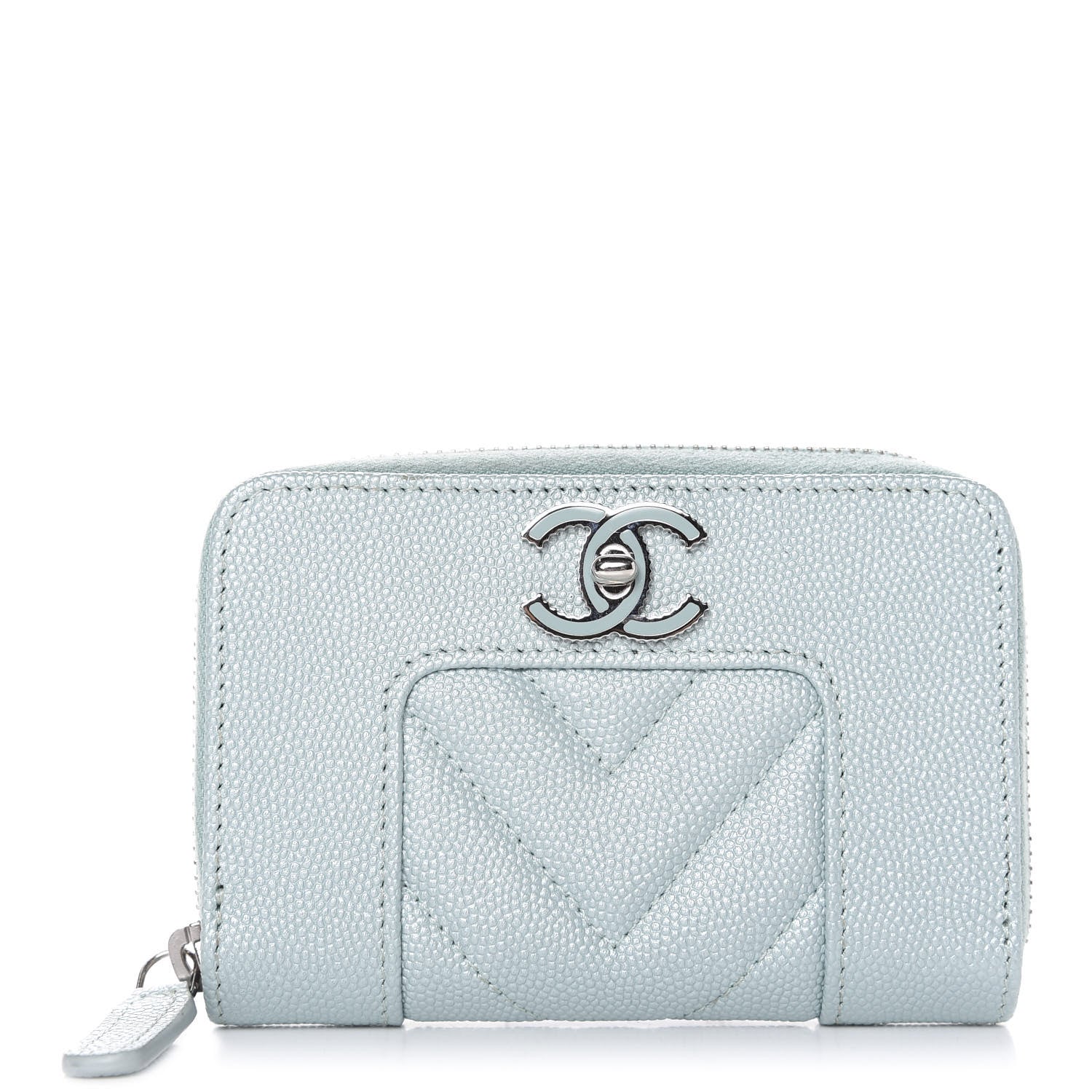 Chanel Metallic Caviar Chevron Quilted Vintage Mademoiselle Zip Coin Purse Light Blue 1 of 8