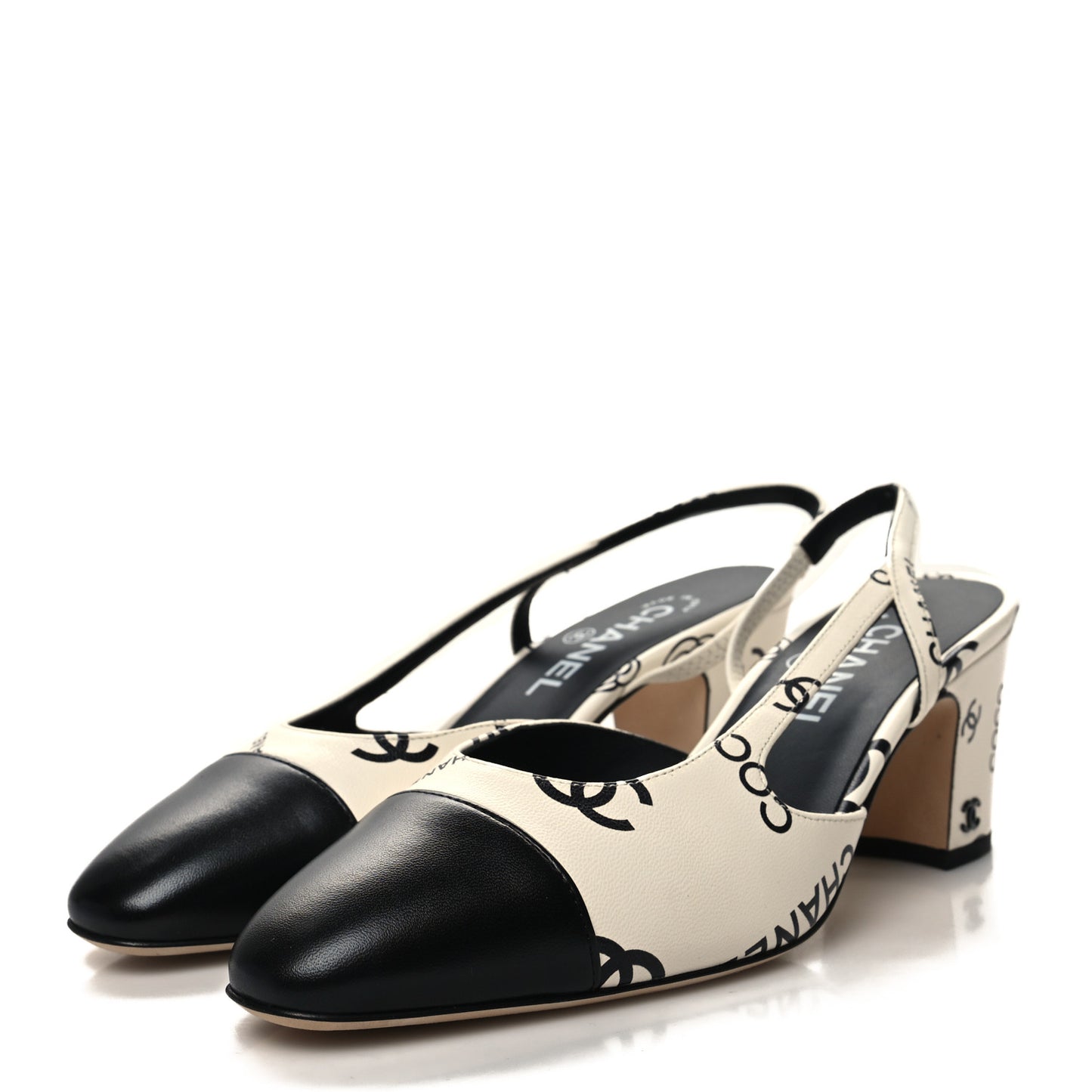 Printed Lambskin Cap Toe CC Slingback Pumps 38.5 Black White