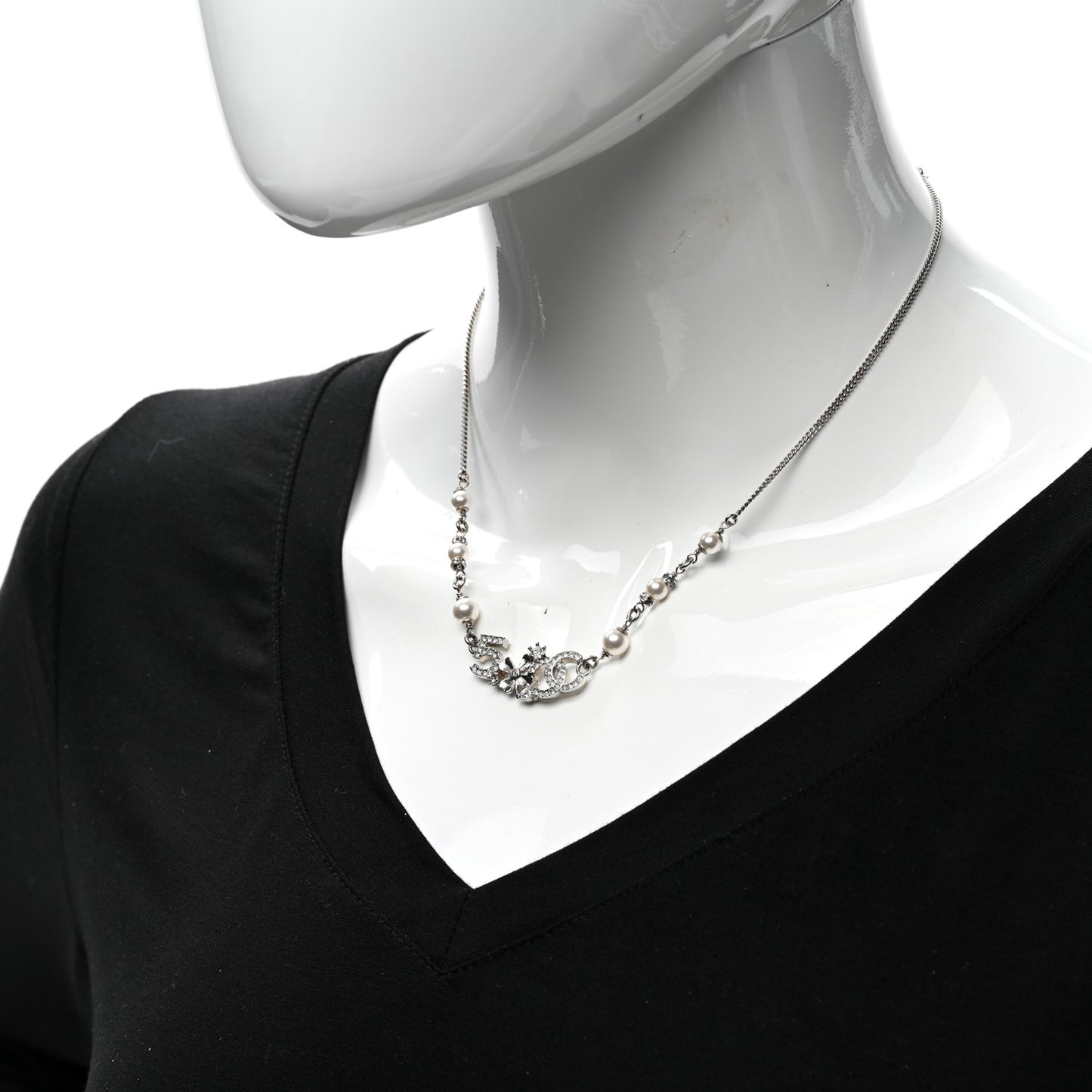 Crystal Pearl Star 5 CC Necklace Silver
