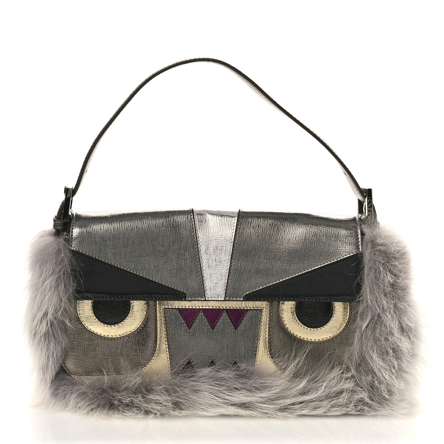 Metallic Saffiano Fox Fur Monster Baguette Gray
