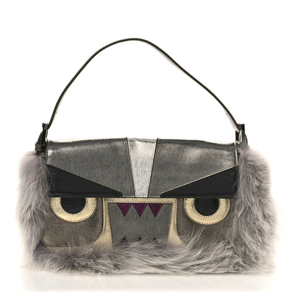 Fendi Metallic Saffiano Fox Fur Monster Baguette Gray 3 of 9