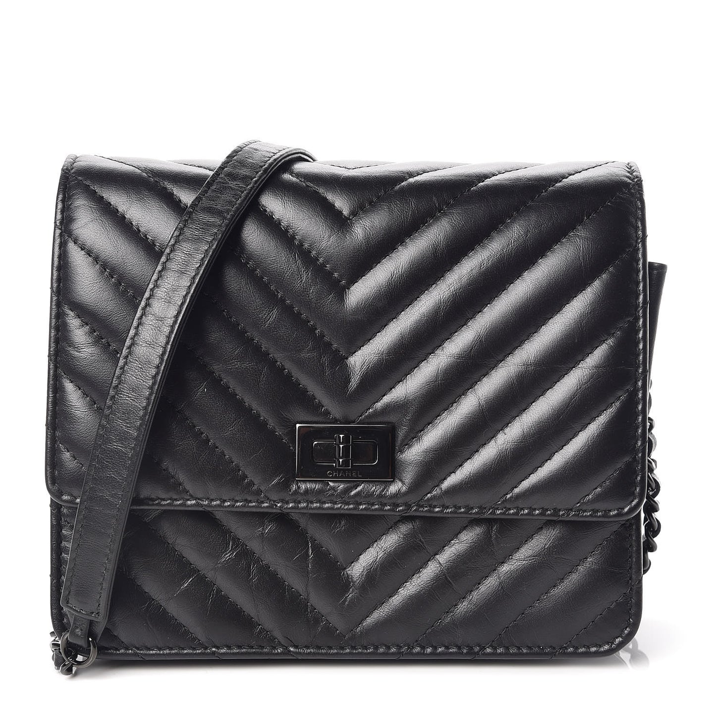 Aged Calfskin Chevron Quilted Reissue 2.55 Square Wallet On Chain WOC So Black