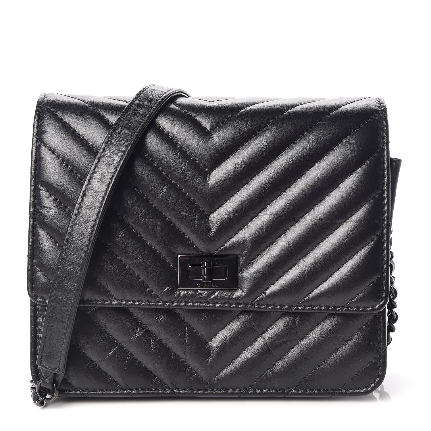 Chanel Aged Calfskin Chevron Quilted Reissue 2.55 Square Wallet On Chain WOC So Black 1 of 10