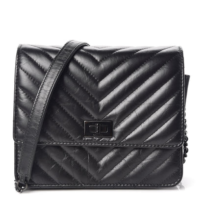 Chanel Aged Calfskin Chevron Quilted Reissue 2.55 Square Wallet On Chain WOC So Black 1 of 10