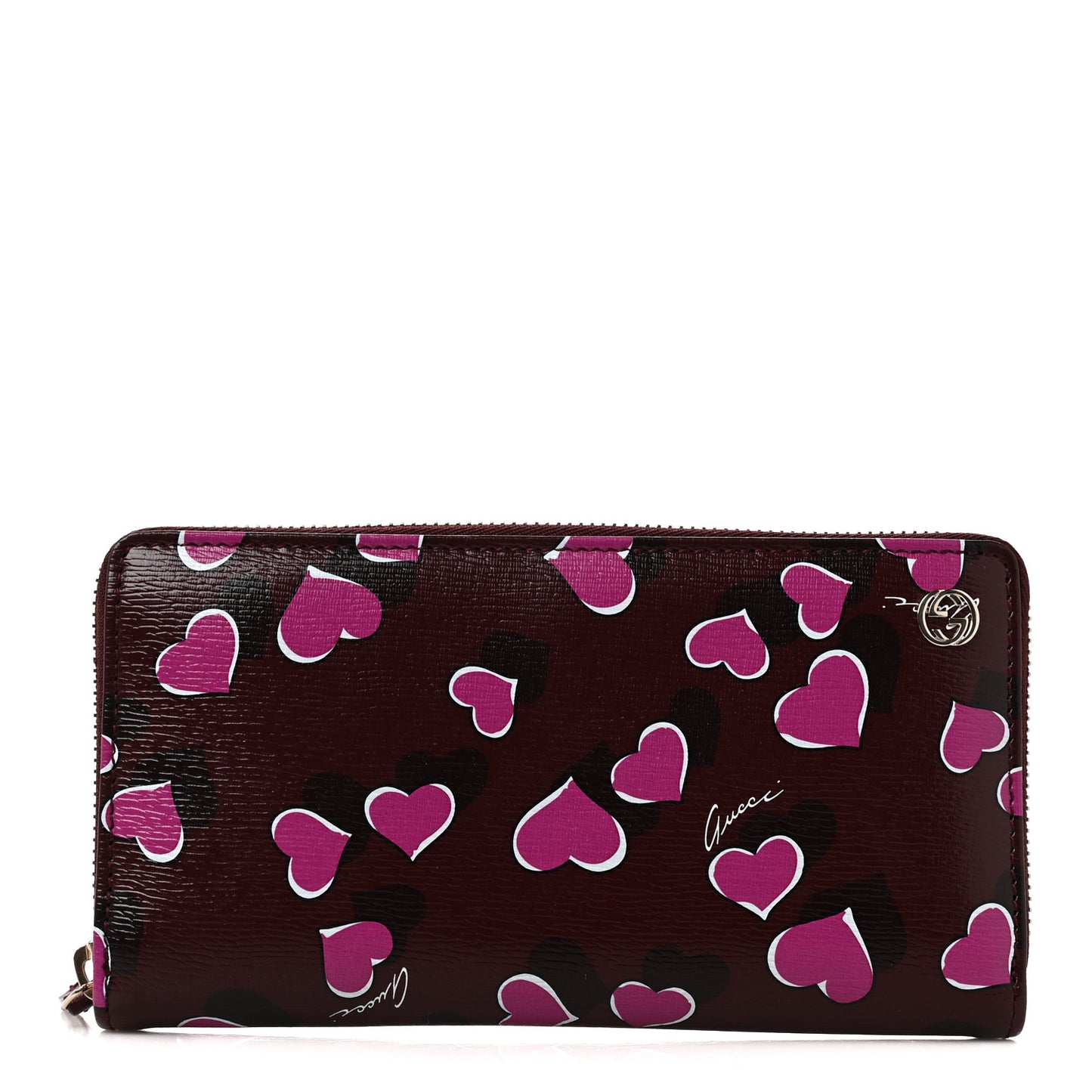 Calfskin Heartbeat Print Zip Around Wallet New Wine