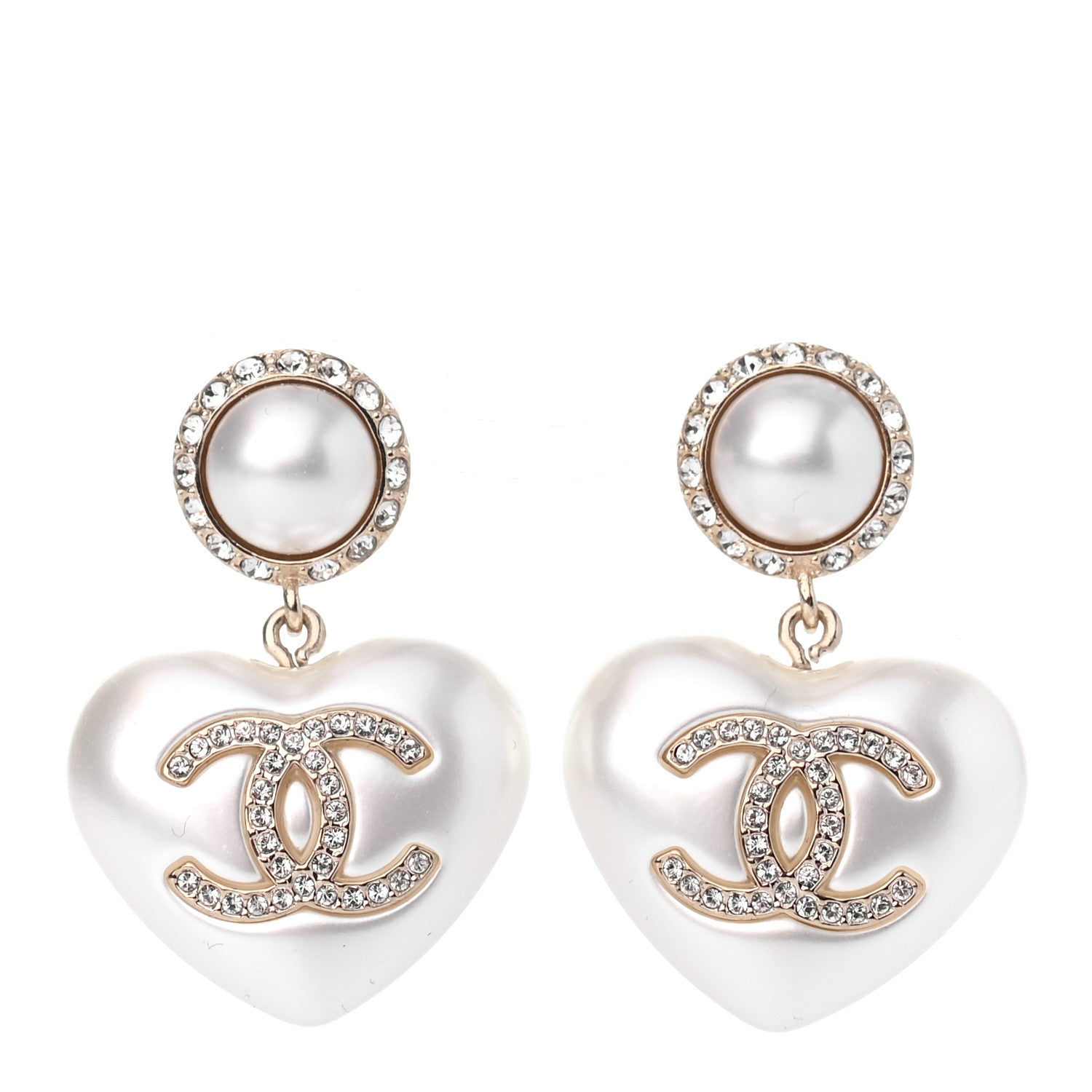 Chanel Pearl Crystal CC Heart Drop Earrings Gold 1 of 4