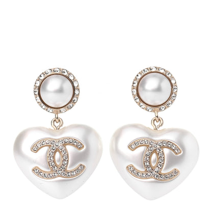 Chanel Pearl Crystal CC Heart Drop Earrings Gold 1 of 4