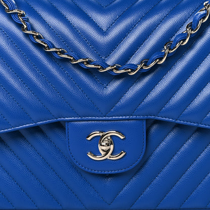Chanel Caviar Chevron Quilted Jumbo Double Flap Blue 7 of 9