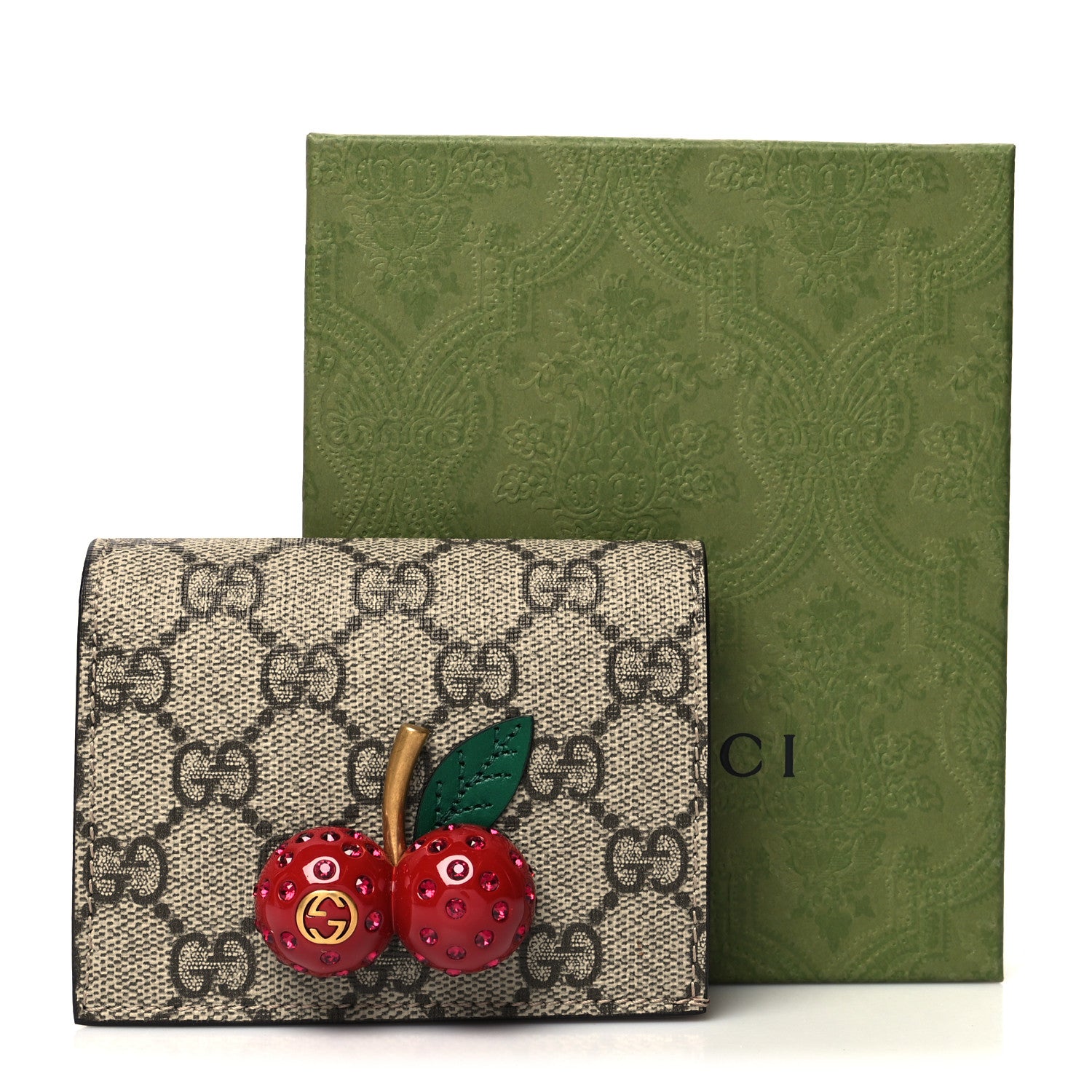 Gucci GG Supreme Monogram Cherry Embellished Card Case Wallet Hibiscus Red 12 of 12