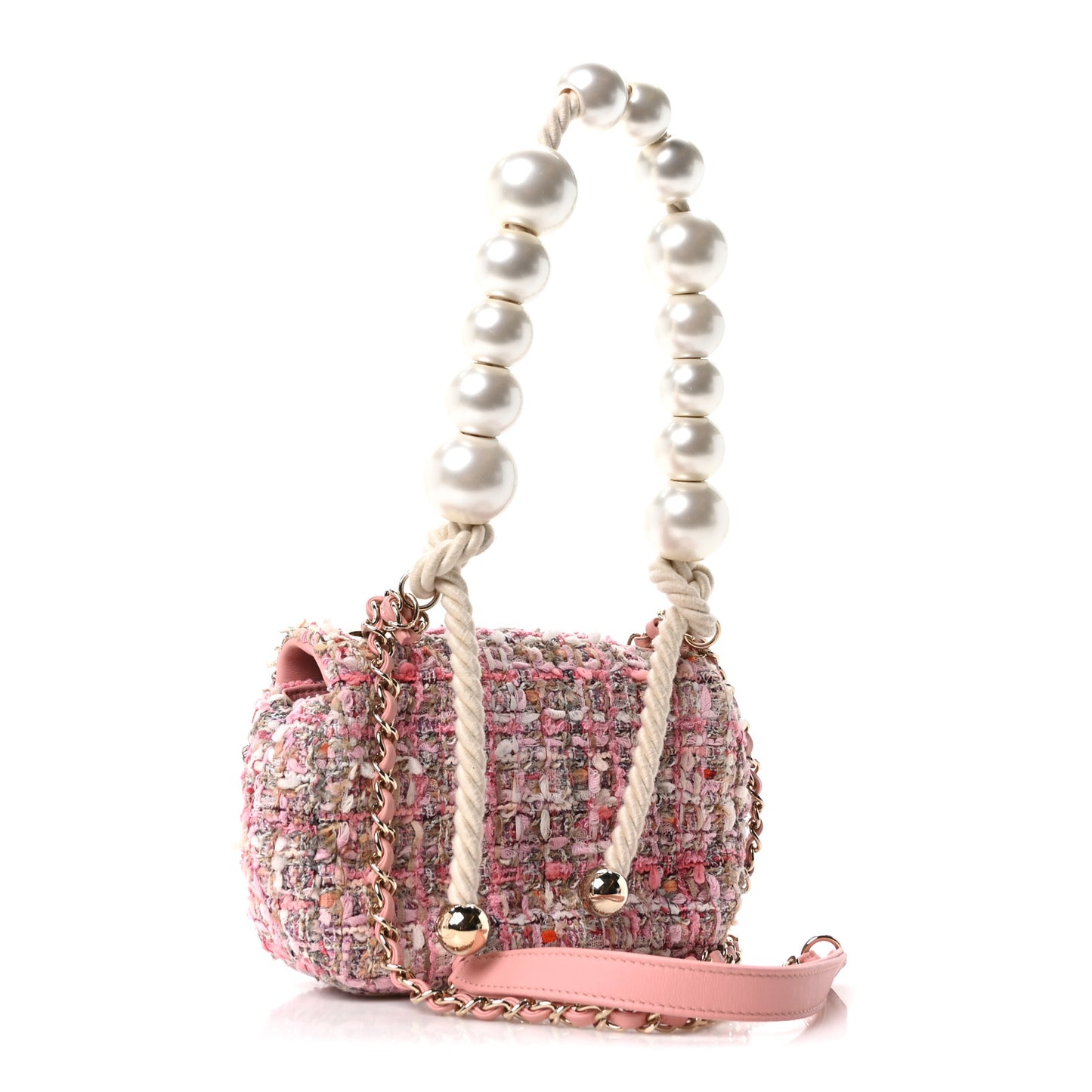 Tweed Mini Pearl Handle Flap Pink Beige Orange Ecru