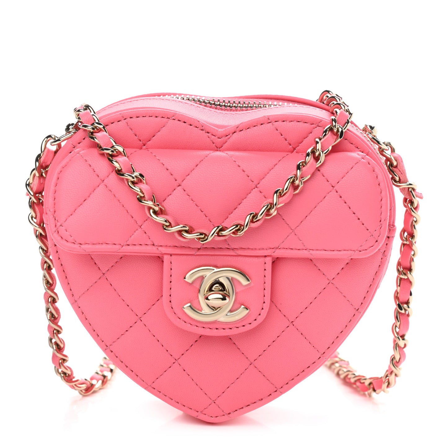 Lambskin Quilted CC In Love Heart Clutch With Chain Pink
